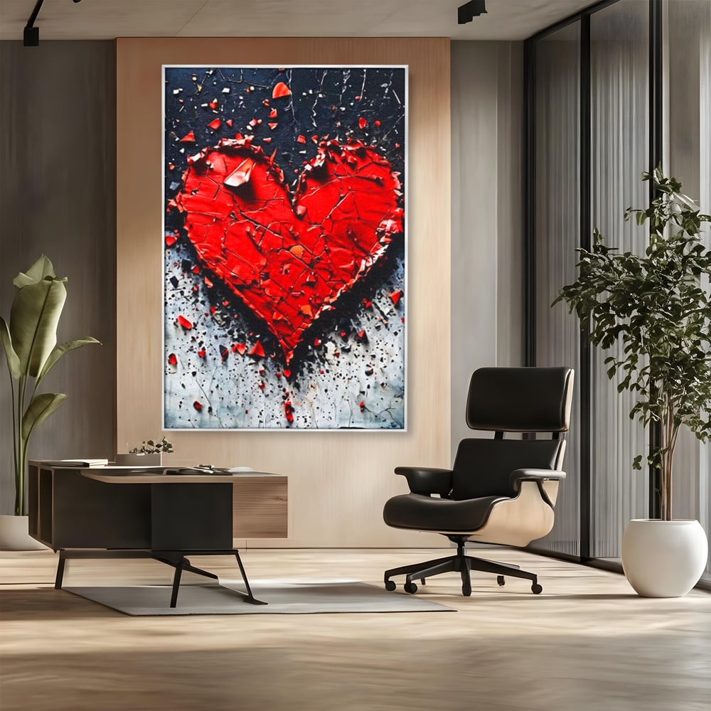 Tablou canvas cu tablou canvas cu o inima rosie crapata, in rama de aluminiu argintiu, pe perete intr-un birou